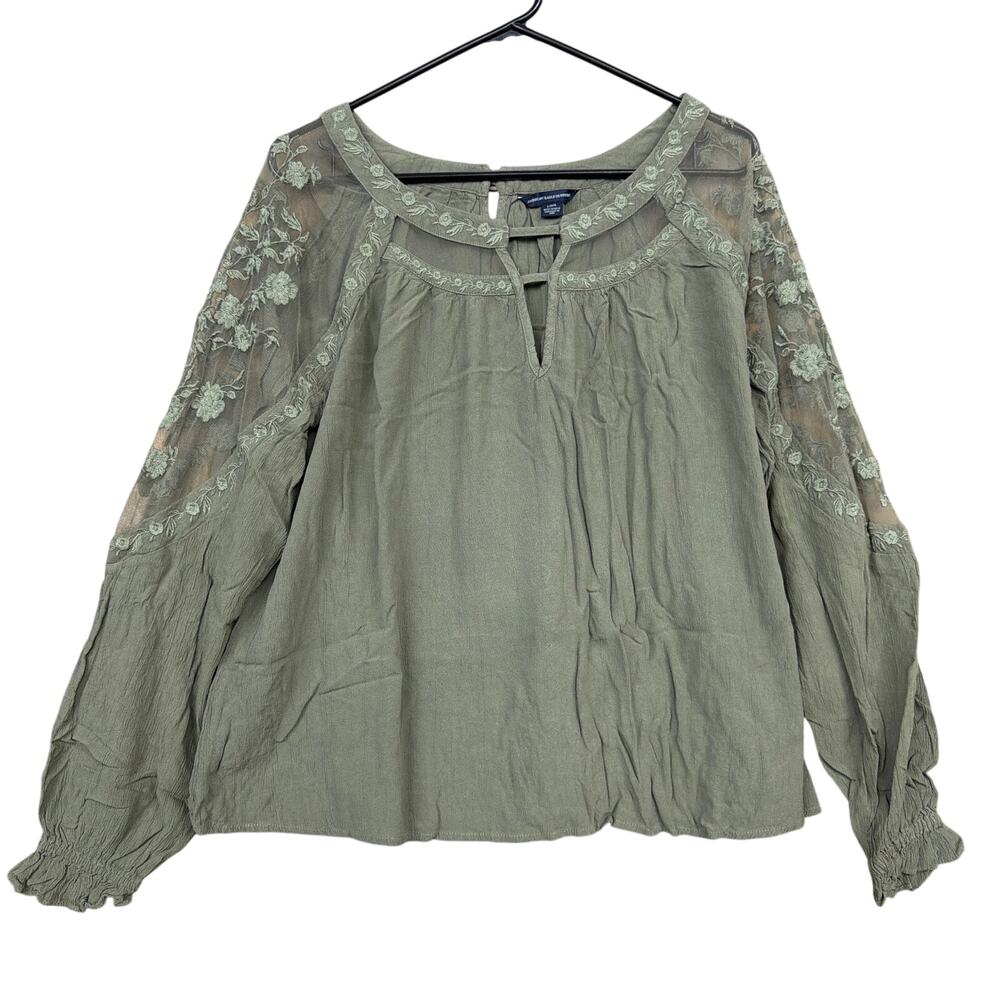 American Eagle Womens Shirt Green Crew Neck Sheer Long Sleeve Boxy Large